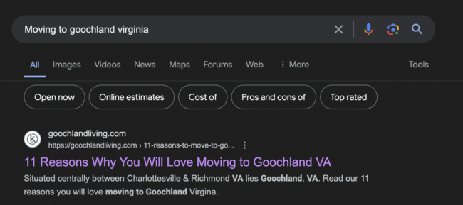Showing a Niche real estate website ranking number 1 on google search. "11 reasons why you will love moving to Goochland VA"